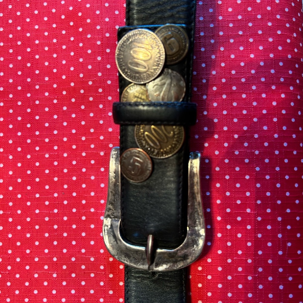 Black Leather Coin-Stud Western Belt with Distressed Silver Buckle. Size 32